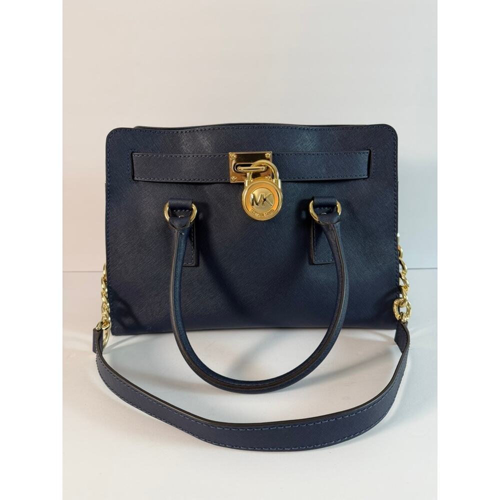Michael Kors Navy Saffiano Leather Gold Hardware Hamilton Medium Satchel